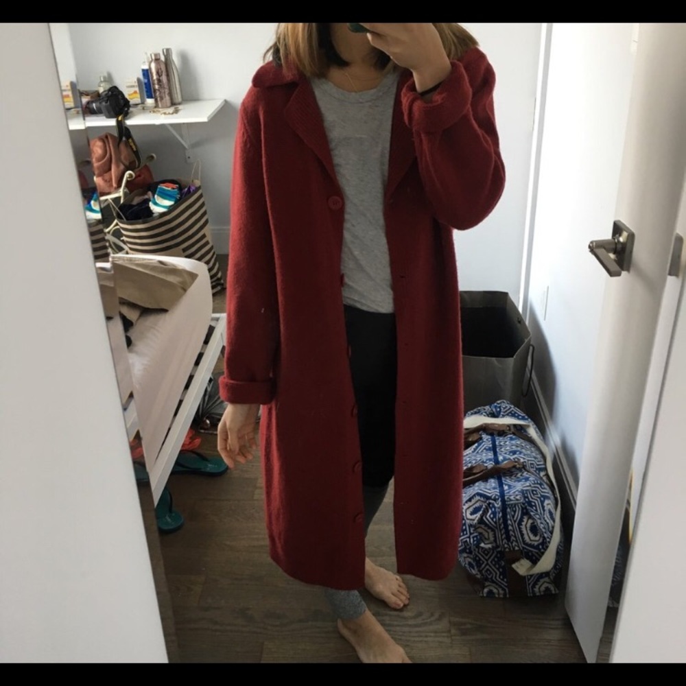 United Colors Of Benetton Long Red Knit Cardigan Coat - Picture 2 of 3